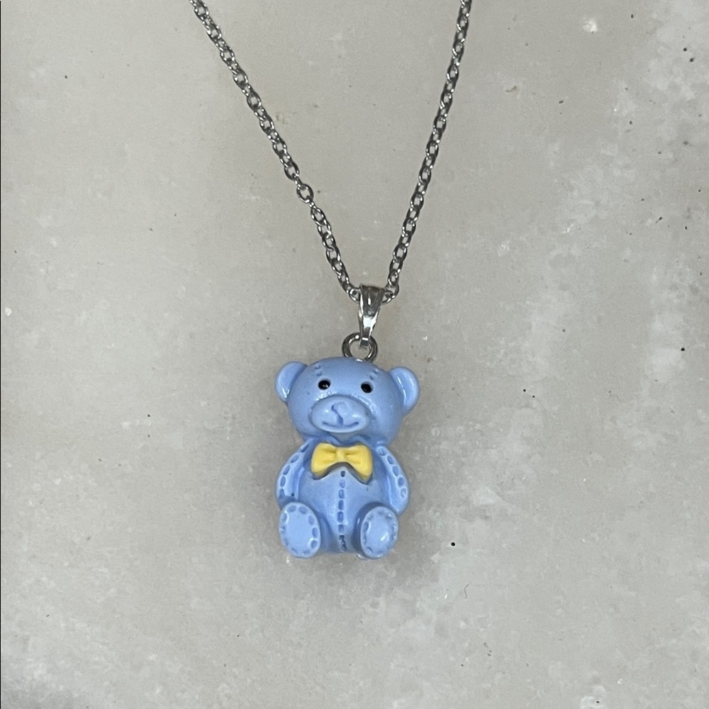 It’s A Boy Blue Teddy Bear Necklace with Yellow Bow